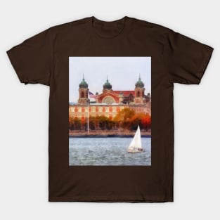 Manhattan NY - Sailboat by Ellis Island T-Shirt